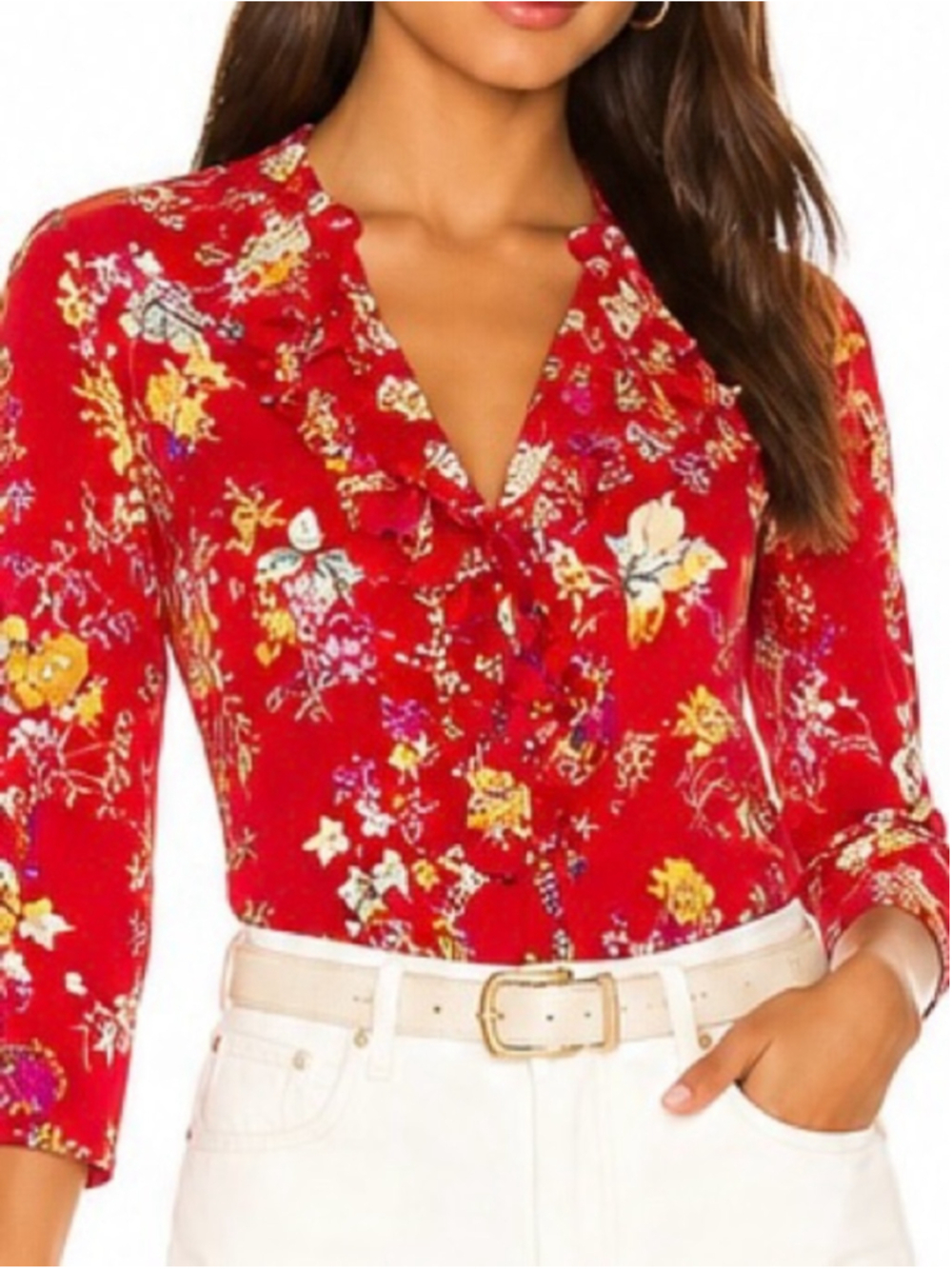 Emanuel Ungaro Red Floral Ruffle V-Neck Blouse vintage